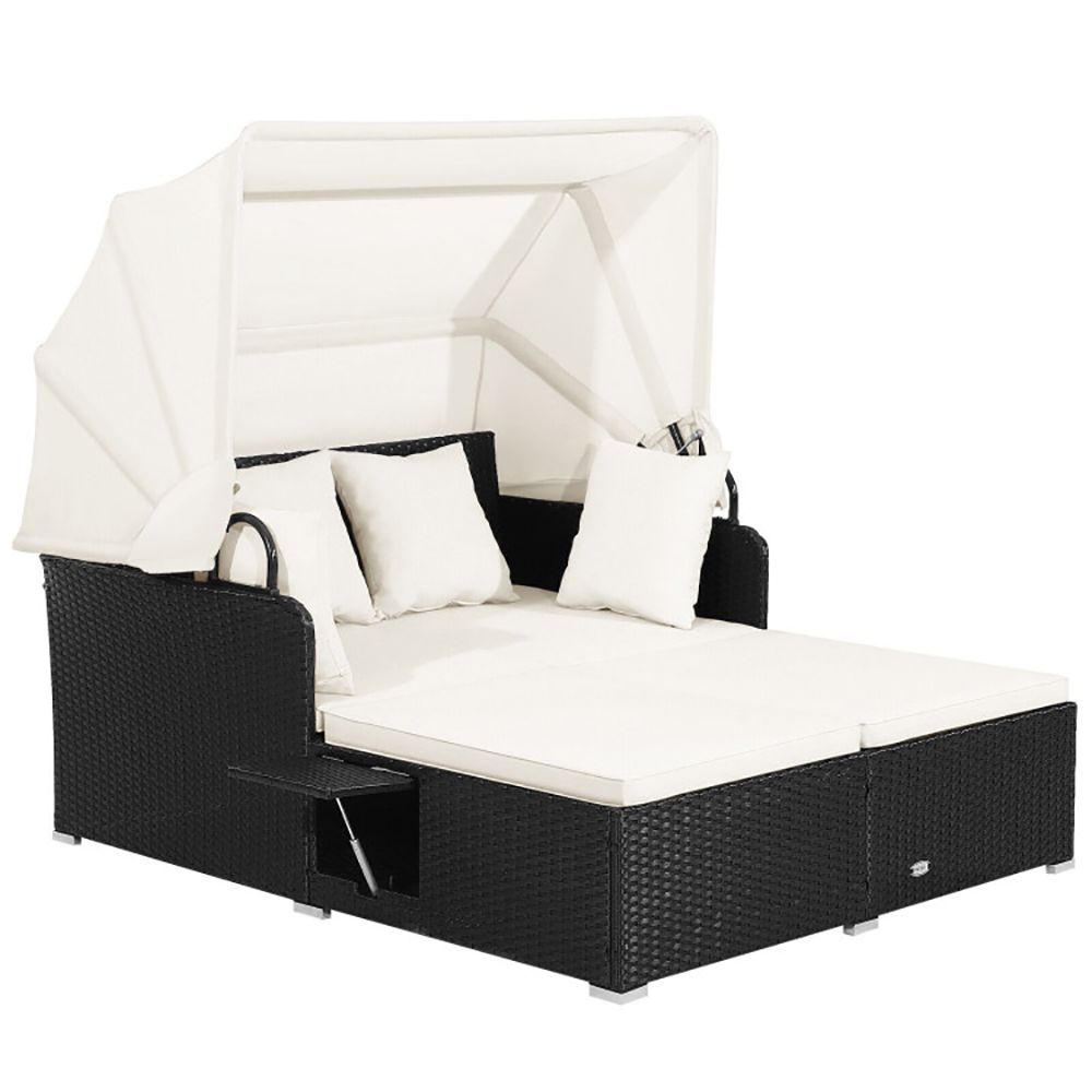 Patio Rattan Daybed with Retractable Canopy and Side Tables