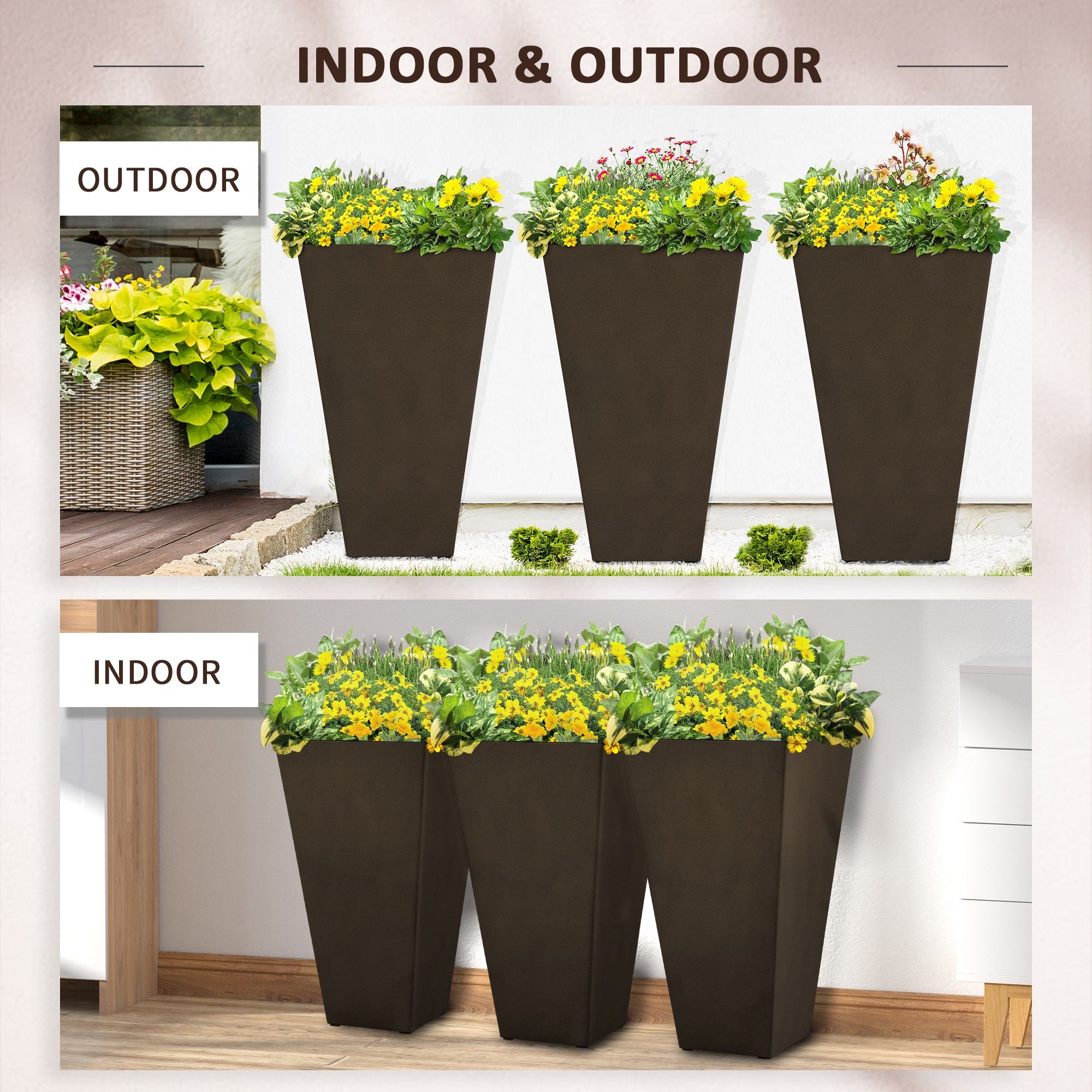 28ft Tall Plastic Planters, Set of 3, Flower Pot, anti-crack, fade-resistant, square shape with a matte surface, Outdoor & Indoor, for lawns, patios
