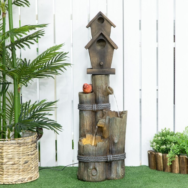 Outdoor Fountain with Birdhouse, Cascading Garden Waterfall Bird Bath with 3-Tier Rustic Tree Trunk / Log Design, LED Lights for Porch, Deck, Yard Dec