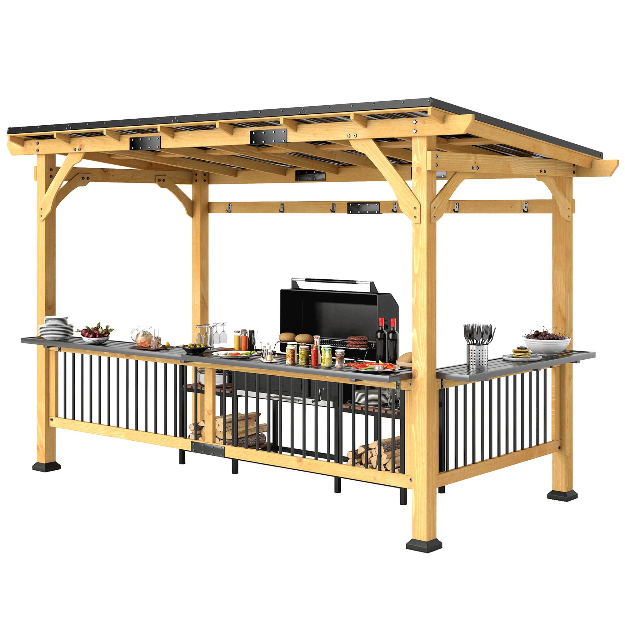 13' x 6' Wooden BBQ Grill Gazebo, Outdoor Hardtop Grill Gazebo with Metal Roof, 2 Bar Shelves and 6 Hooks, Natural