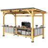 13' x 6' Wooden BBQ Grill Gazebo, Outdoor Hardtop Grill Gazebo with Metal Roof, 2 Bar Shelves and 6 Hooks, Natural