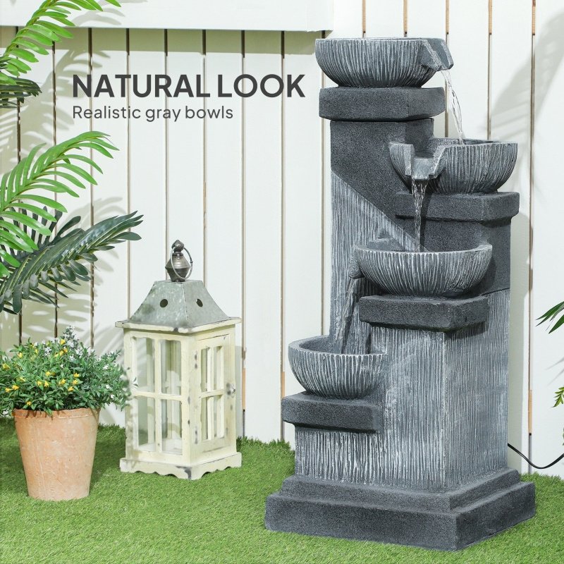 33.5" Water Fountain, 4-Tier Resin Cascading Bowls Outdoor Waterfall Fountain with LED Lights, Pump