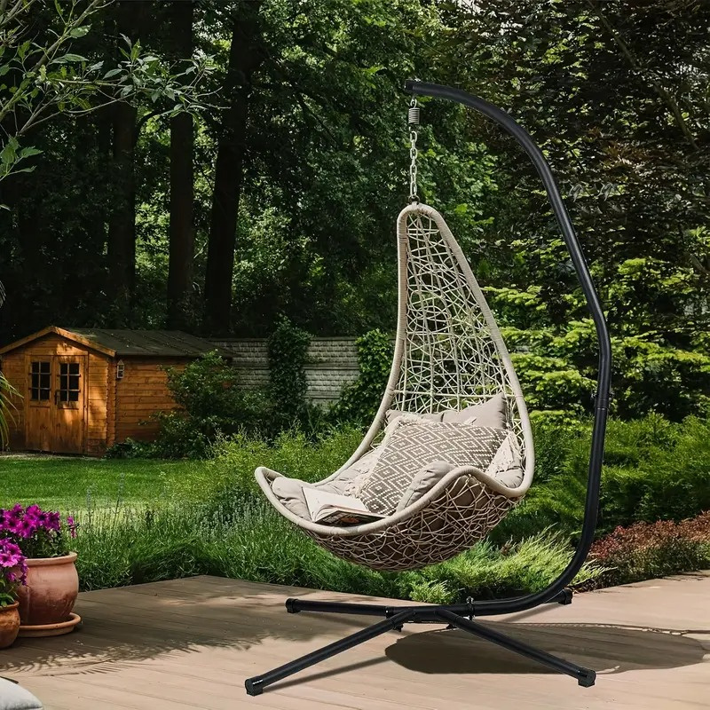 Heavy Duty Hammock Chair Stand C Shaped Solid Steel Hanging Chair Frame with Spring Hook and Buckle Indoor Outdoor Patio Deck Treehouse Porch Lounger