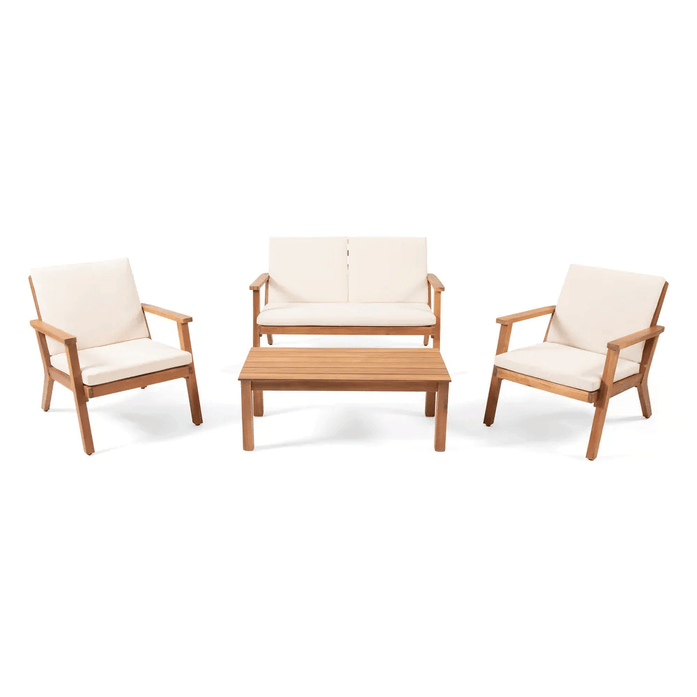 Temecula Outdoor Acacia Wood 4-Seater Chat Set_Loveseat&Coffee Table&2 Club Chairs - Brown Patina Finish + Cream Cushion