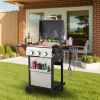 3-Burner Propane Gas BBQ Grill, SS Plancha, 36900BTU Output With Wire Enamel Cooking Grids For Outdoor Barbecue, Foldable Side Table, Hanging Basket,