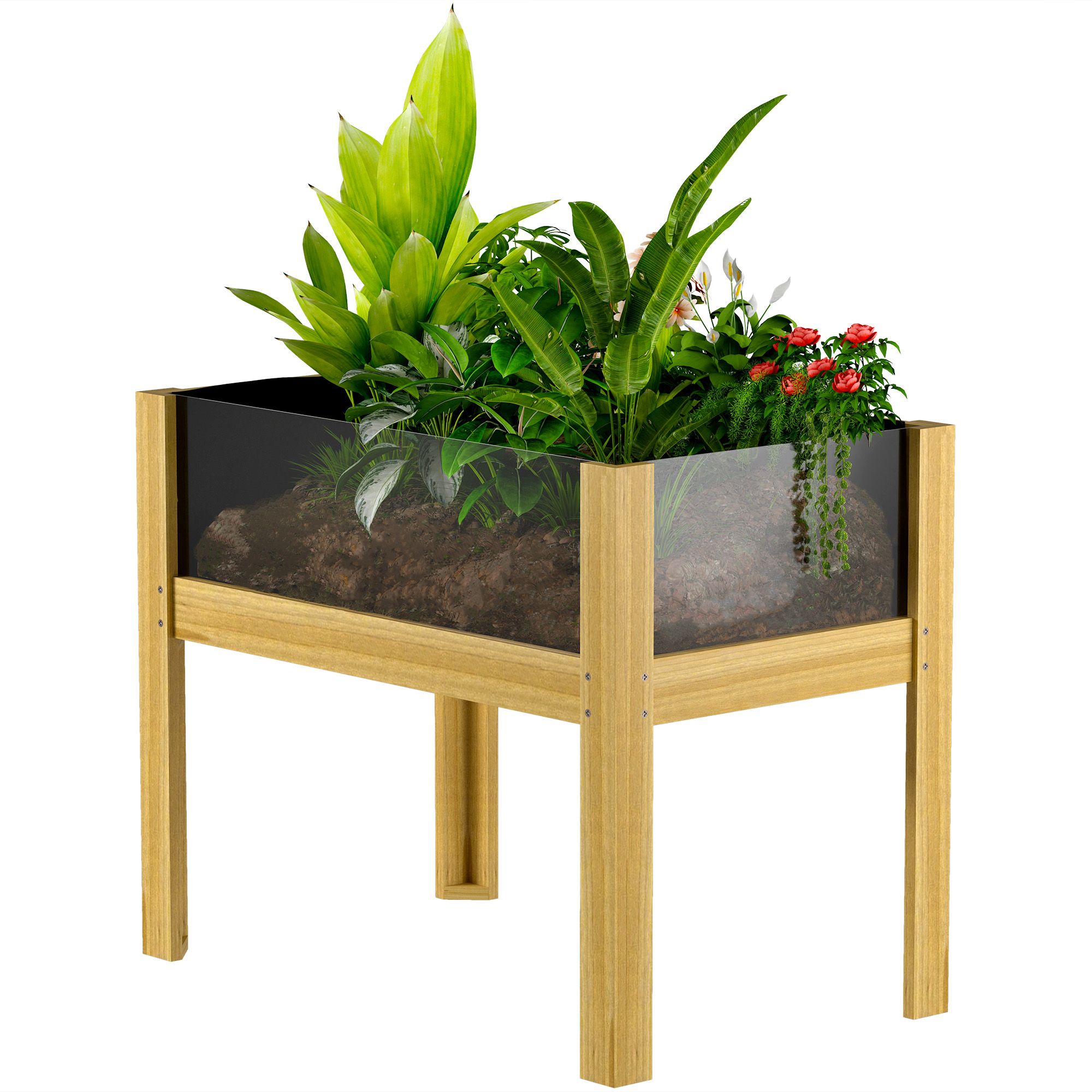 Wooden Raised Garden Bed with Acrylic Panels, Raised Planter Box with Drainage Holes, 29.5" x 18.1" x 23.8"