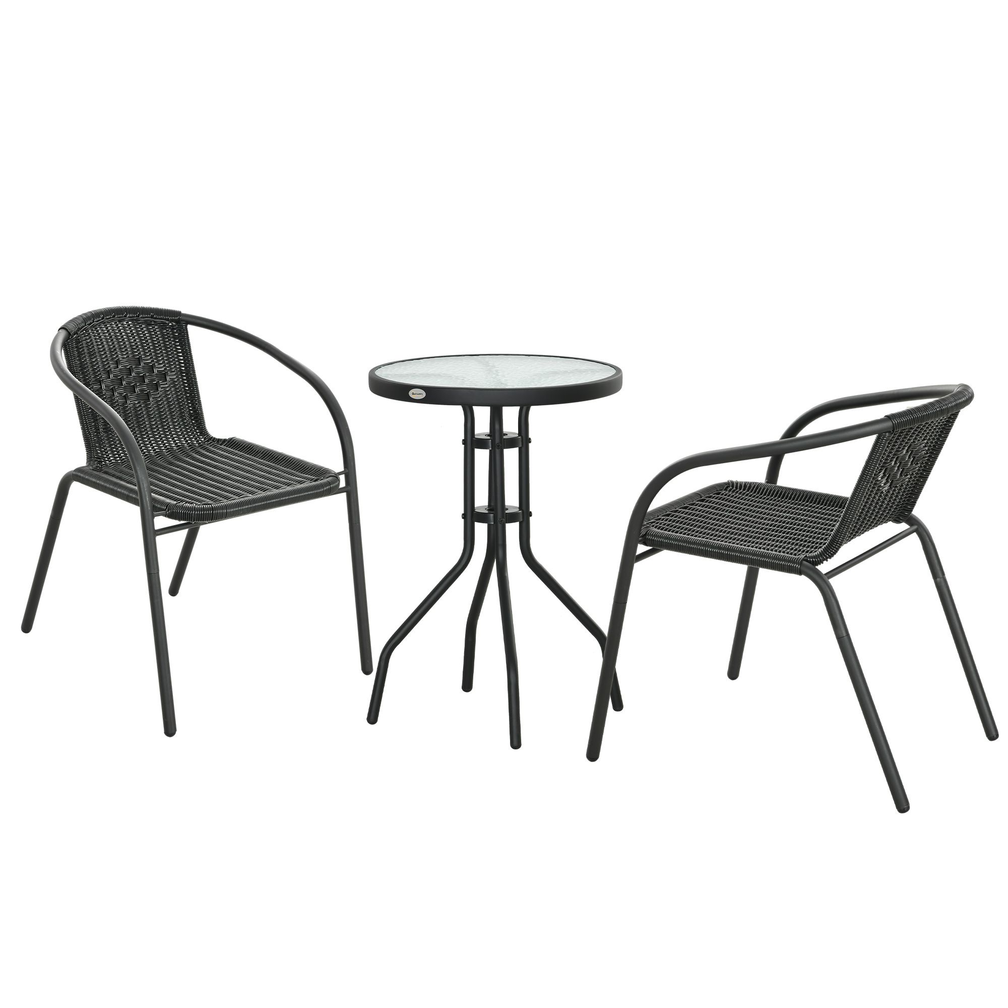 3 Pieces Outdoor Wicker Furniture Set with 2 Stackable Chairs, Tempered Glass Coffee Table for Garden, Backyard, Black