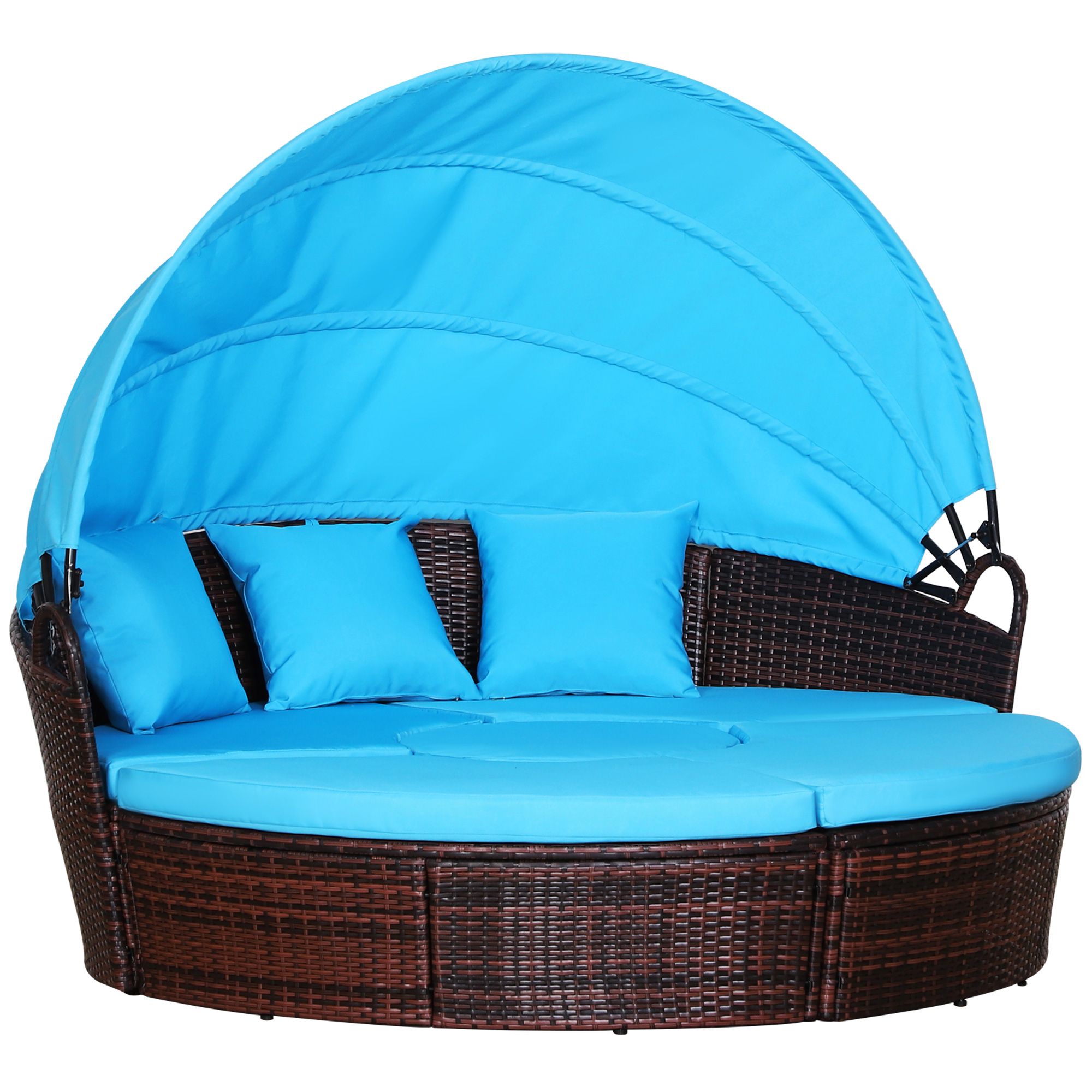 4 Pieces Outdoor Daybed with Retractable Canopy, PE Rattan Wicker Round Sofa Day Bed