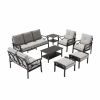 8-Piece Metal Patio Furniture Set, 9-Seat All-Weather Conversation Sofa with 4 Inches Thick Gray Cushions, Black Frame, Coffee Table, Side Table, End