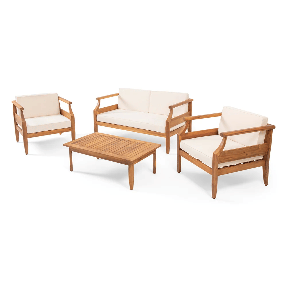Aston Outdoor Mid-Century Modern Cushioned Acacia 4-seat Chat Set - Teak Finish + Cream Cushion