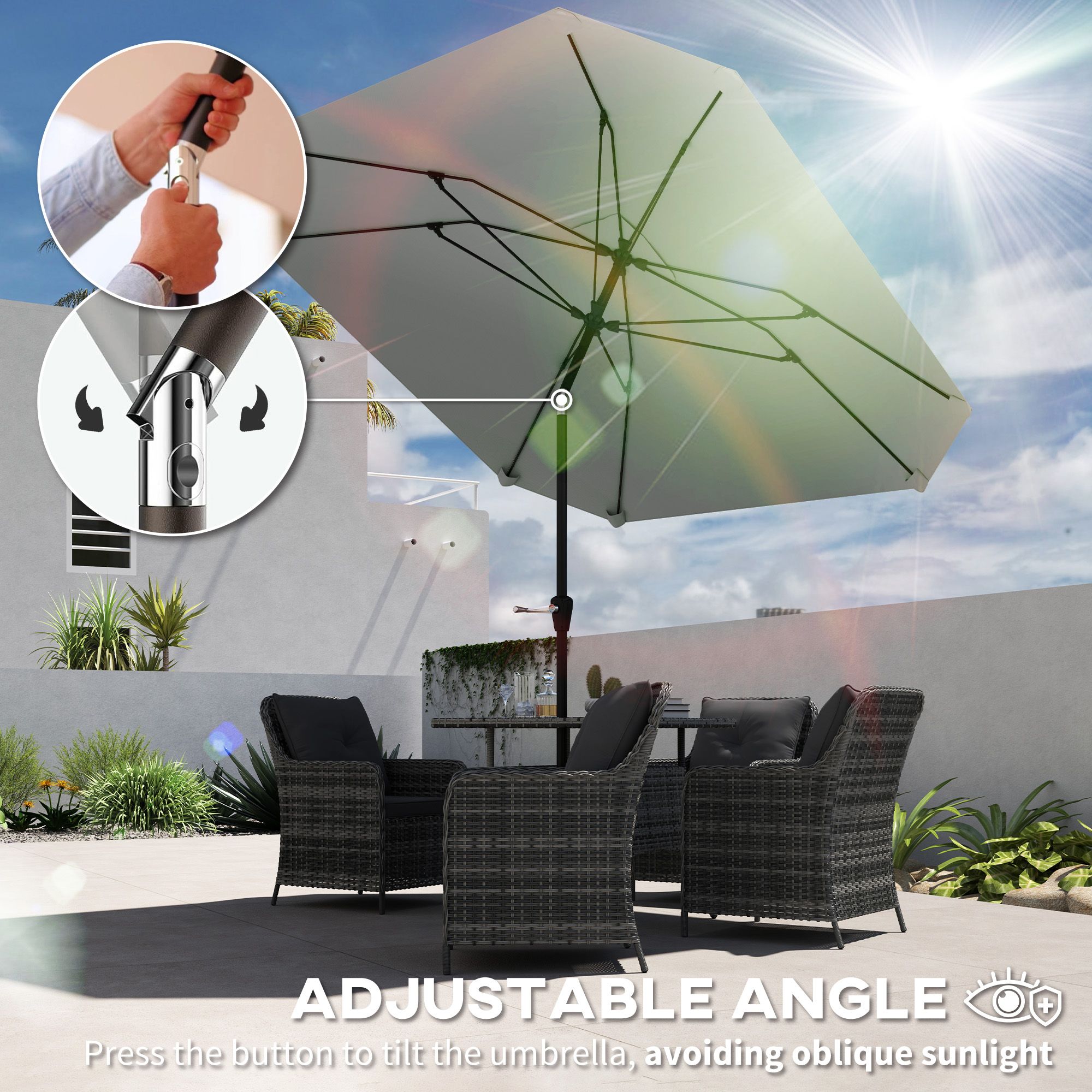 7.6FT Aluminum Patio Umbrella Parasol 8 Ribs Outdoor Market Umbrella with Crank, Push Button Tilt for Deck, Backyard and Lawn, Light Grey
