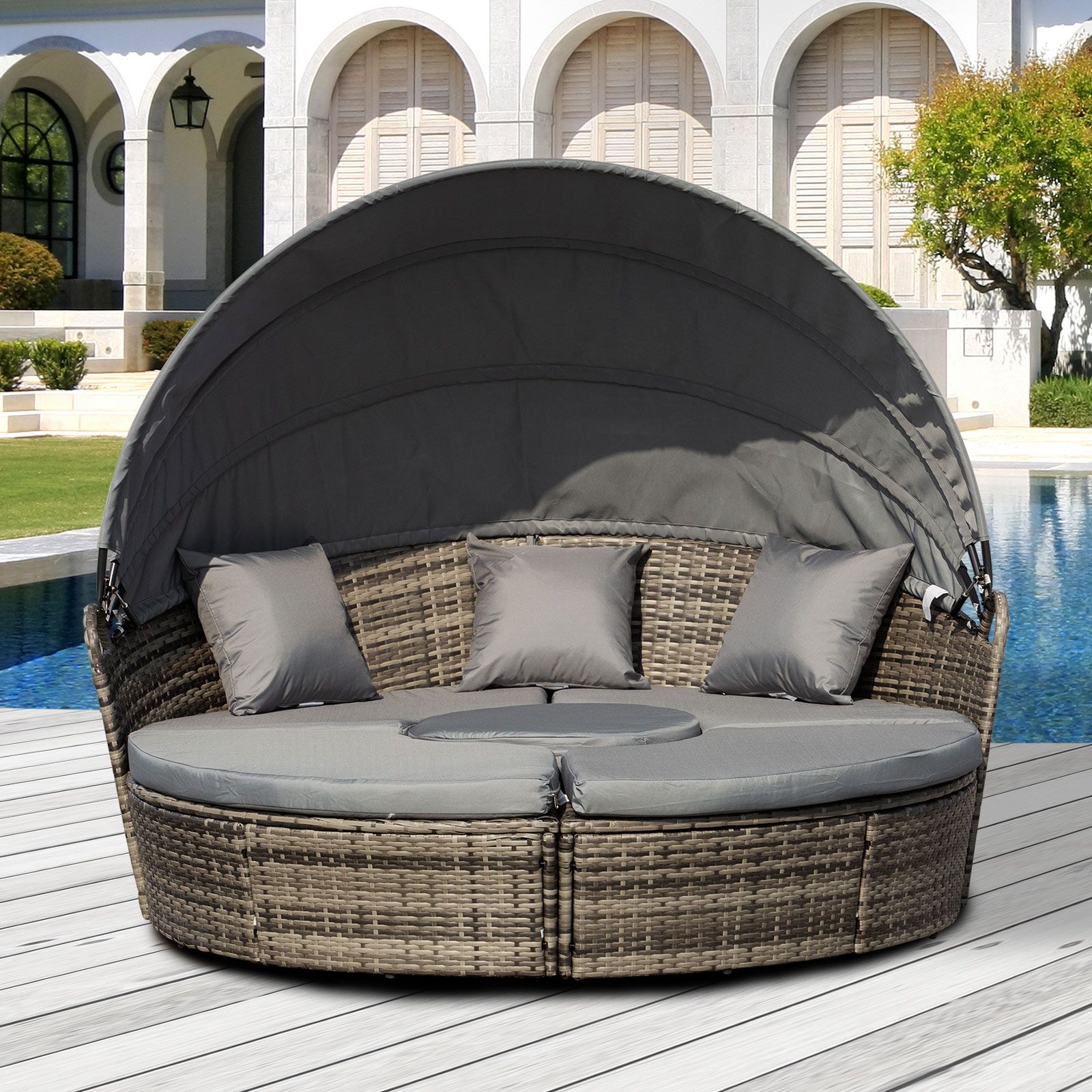 Woven Rattan 4-Piece Canopied Daybed Sun Lounger Sofa Setting Plush Pillows Mocha Brown