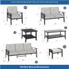 8-Piece Metal Patio Furniture Set, 9-Seat All-Weather Conversation Sofa with 4 Inches Thick Gray Cushions, Black Frame, Coffee Table, Side Table, End