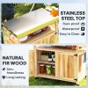Outdoor Grill Cart w/ Stainless Steel Top, Solid Wood Outdoor Kitchen Island w/ Wheels, Storage Cabinets, Natural Wood