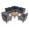 9-Piece Patio Rattan Furniture Set, Outdoor Conversation Set With Acacia Wood Legs and Tabletop, PE Rattan Sectional Sofa Set w