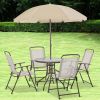6-Piece Patio Dining Set with Umbrella, Folding Chairs & Glass Table, Beige - Outdoor Meal Setup