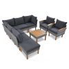 9-Piece Patio Rattan Furniture Set, Outdoor Conversation Set With Acacia Wood Legs and Tabletop, PE Rattan Sectional Sofa Set w
