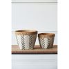 Set of 2 White and Brown Cement Planters with V Pattern, L:D10x8" S:D8x6.5"