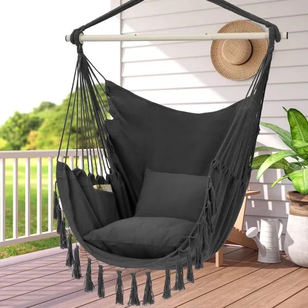 Hammock Chair Hanging Rope Swing, Max 500 Lbs, 2 Cushions Included, Large Macrame Hanging Chair with Pocket Dark Grey