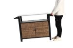 Outdoor Kitchen Wicker Island Rolling Cart & Storage Cabinet, Wheels and Stainless Steel Extended Table Top, Side Handle for Patio Kitchen or Bar
