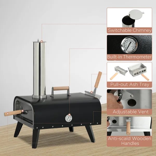 Wood Fired Pizza Oven Stainless Steel Pizza Maker with Foldable Legs and Waterproof Cover, Black