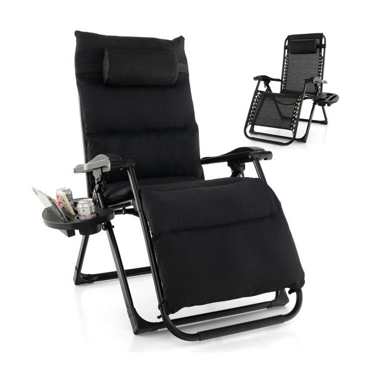 Zero Gravity Adjustable Lounge Chair Removable Cushion Cup Holder Tray (Color: Black)