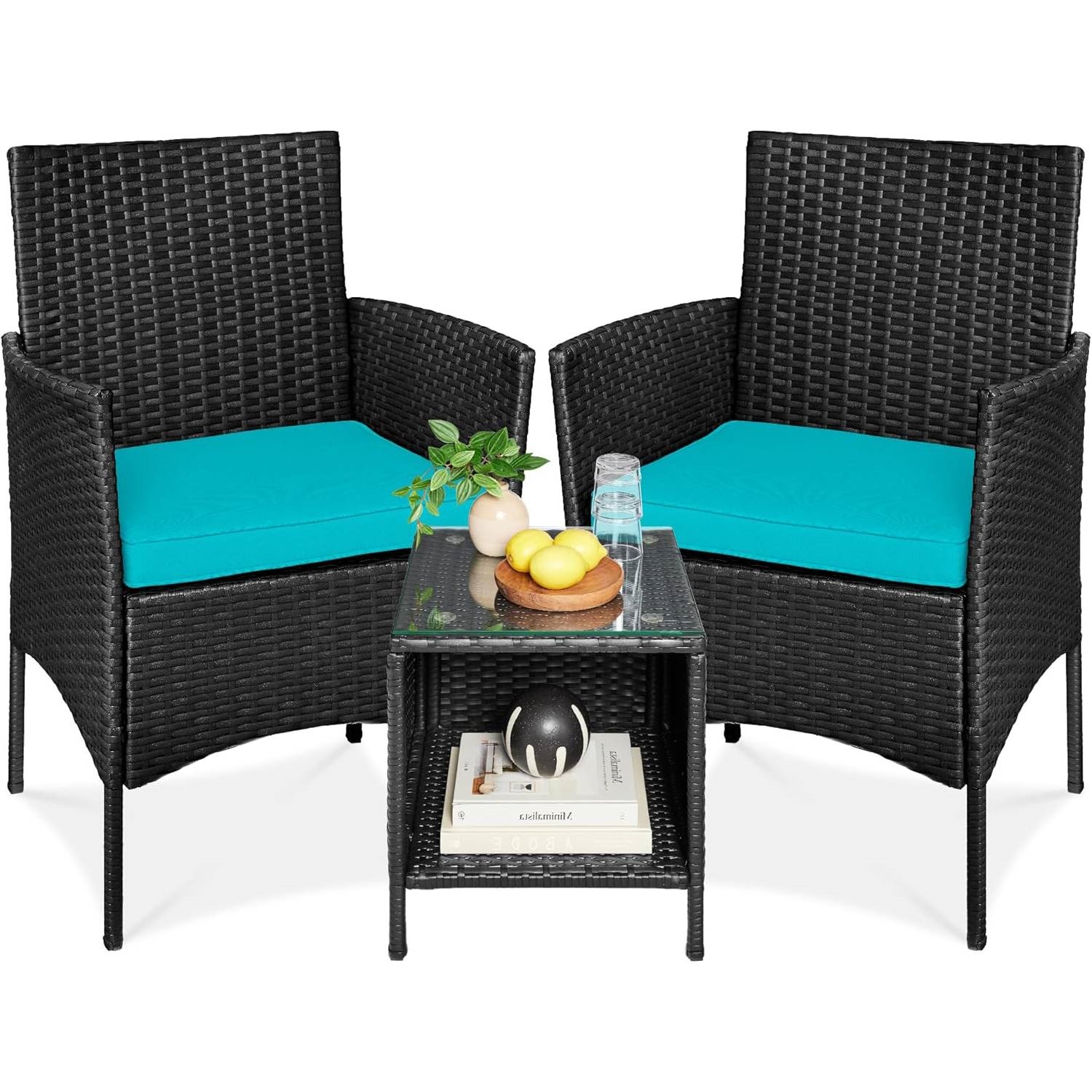 3-Piece PE Wicker Outdoor Dining Patio Furniture Set w/ Cushions (Option: Teal Cushions, Color: Black)