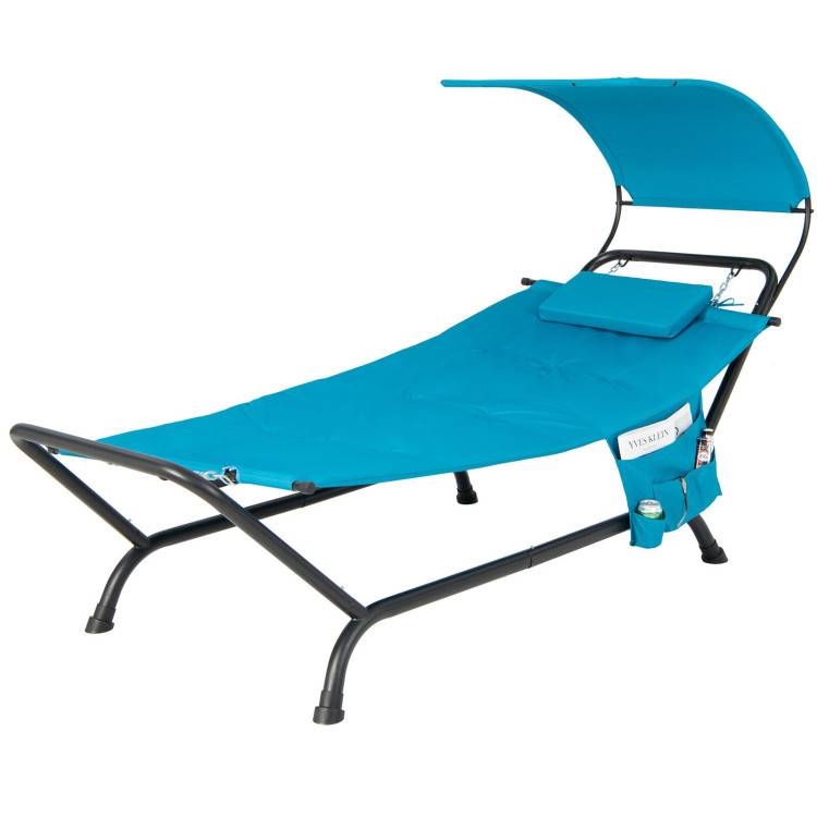 Outdoor Hammock Chaise Lounge Chair Cot with Canopy and Storage Bag (Color: Teal Blue)
