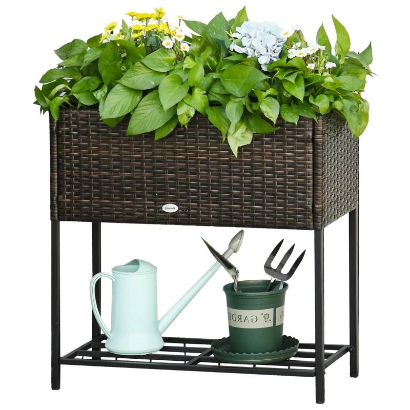Modern PE Rattan Wicker Raised Garden Bed Elevated Planter Box (Color: Brown)