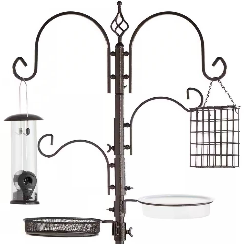Complete Bird Feeder Set with Metal Stand Suet Water Bowl Tube and Tray (Color: Bronze)