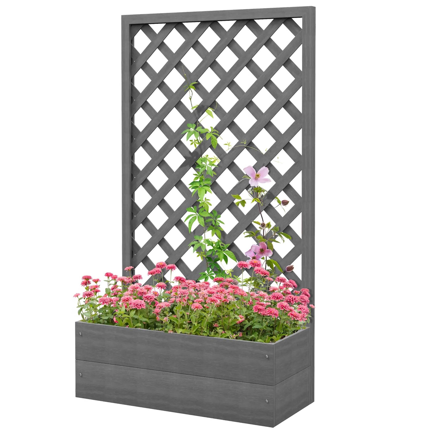 Outdoor Raised Garden Bed Planter Box with Lattice Trellis (Color: Grey)
