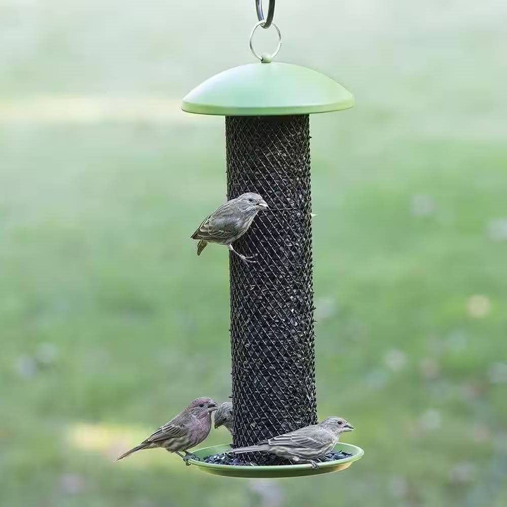 Outdoor Metal Mesh Tube Hanging Bird Feeder with Top and Perch (Color: Green)