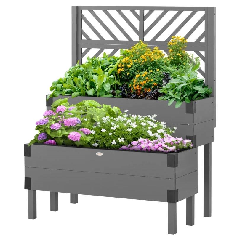 Self Draining Wood Raised Garden Bed Planter Box with Trellis (Option: 2 Tier)