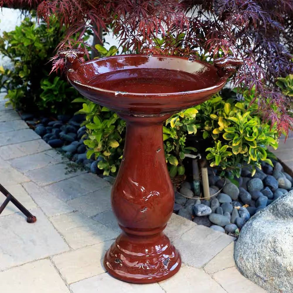 Outdoor Ceramic Birdbath in Antique Finish (Color: Dark Red)