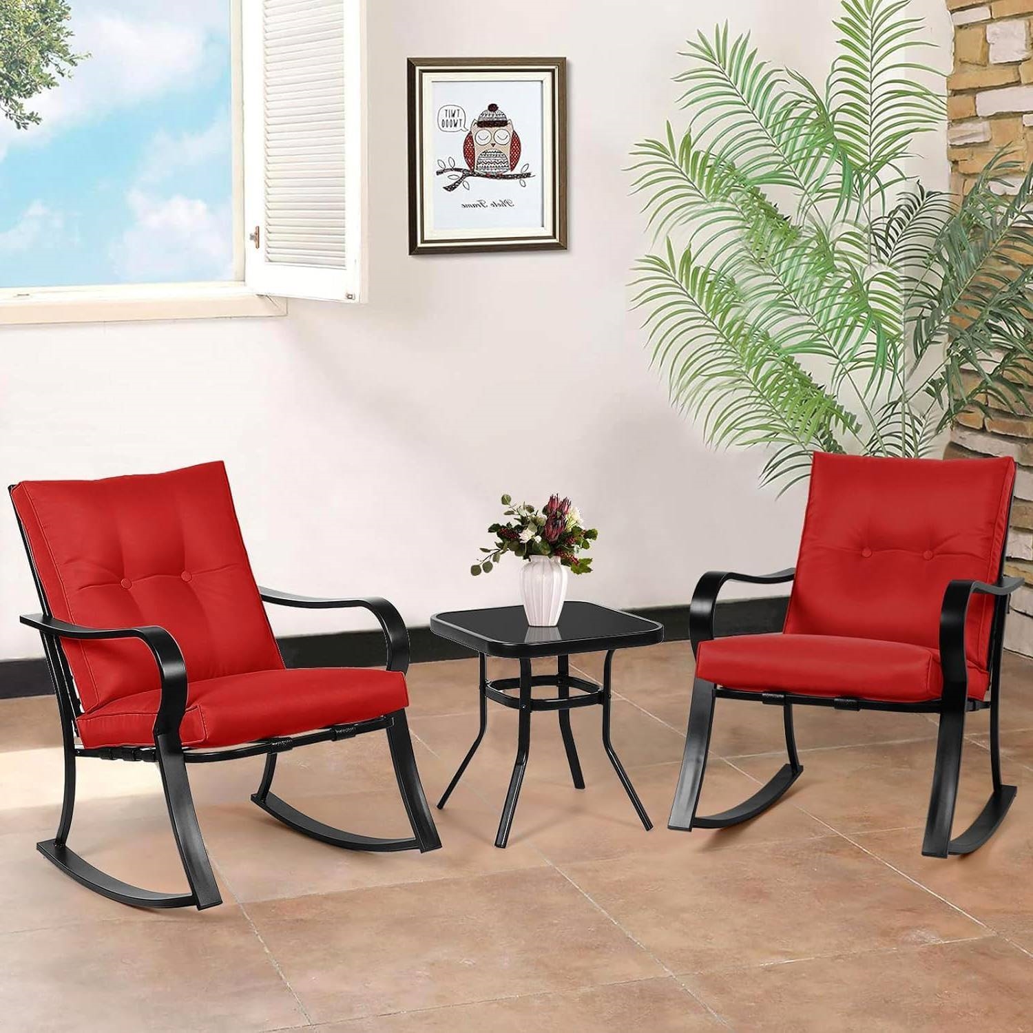 Outdoor 3-Piece Patio Furniture Rocking Chairs Table with Set Cushions (Color: Red)