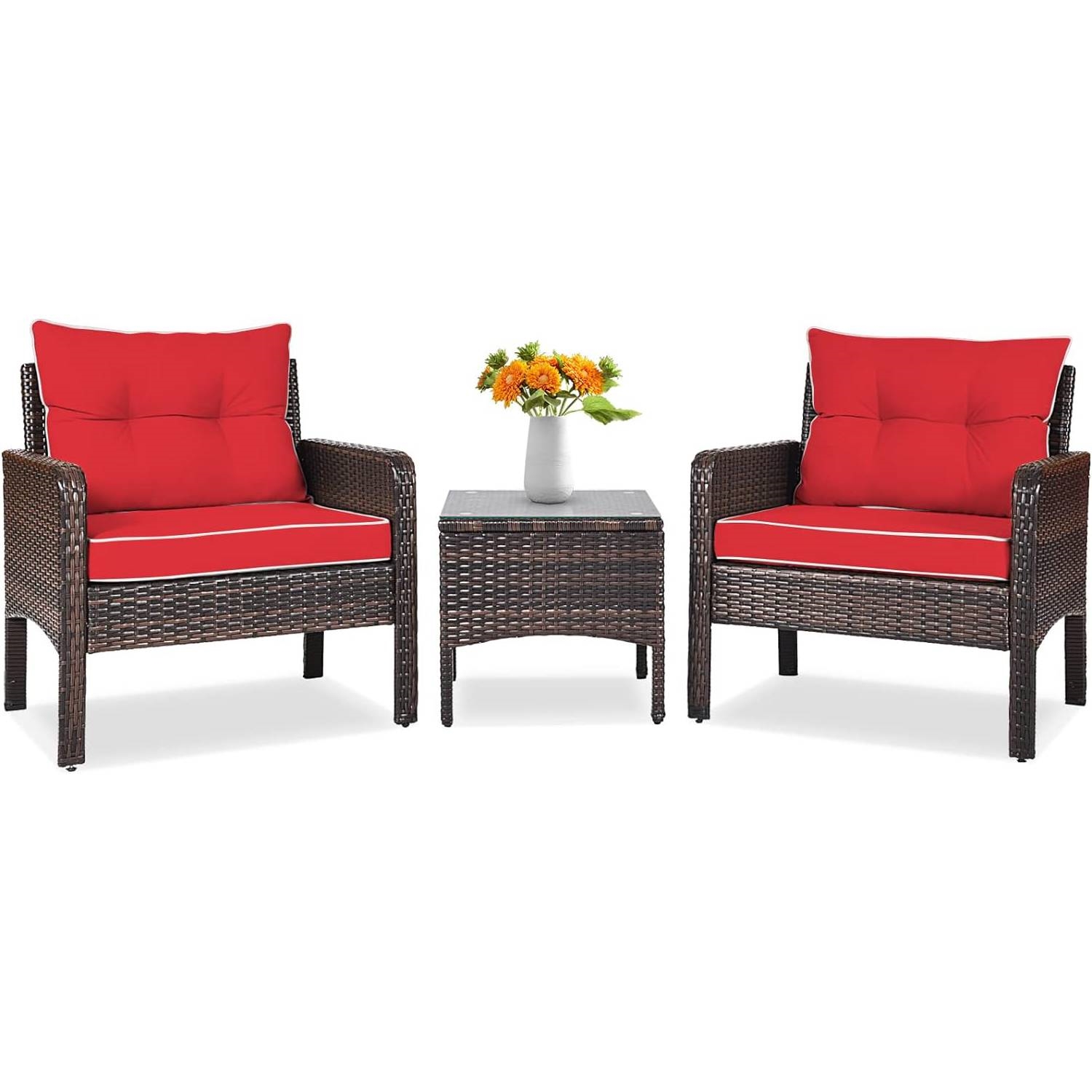 3-Piece PE Rattan Outdoor Dining Patio Furniture Set with Cushions (Option: Red Cushions, Color: Brown)