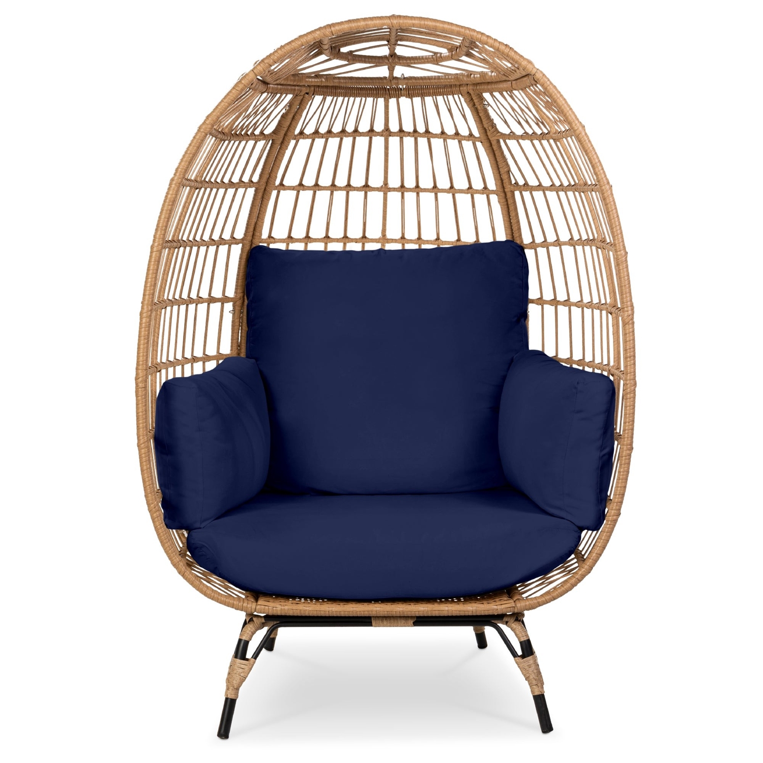 Oversized Patio Lounger Indoor/Outdoor Wicker Rattan Egg Chair (Color: Dark Blue)