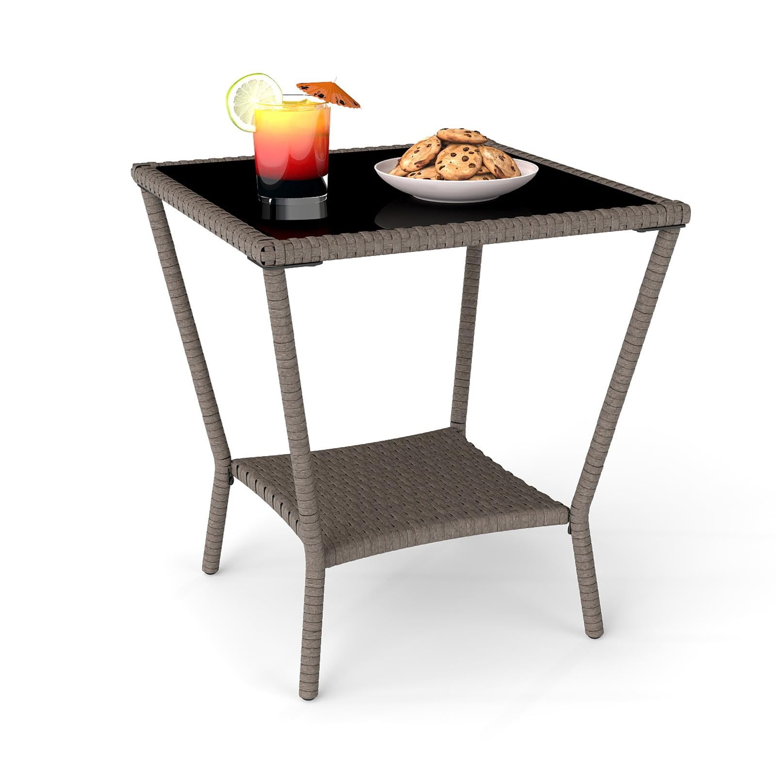 PPL Square Outdoor Patio Side Table with Glass Top - Durable Rattan & Metal Frame, Compact Wicker End Table with Storage Shelf for Garden, Balcony (Color: Taupe)