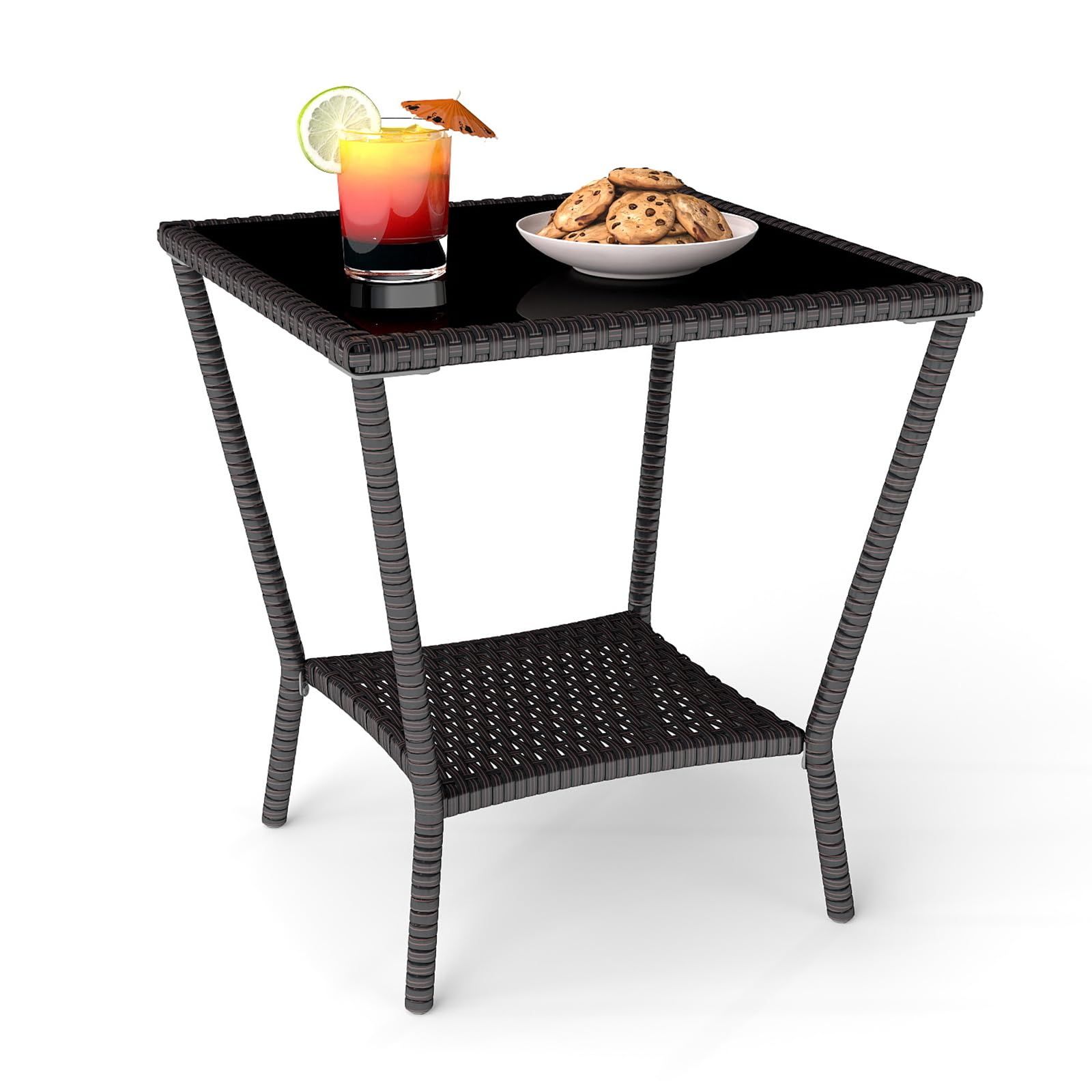 PPL Square Outdoor Patio Side Table with Glass Top - Durable Rattan & Metal Frame, Compact Wicker End Table with Storage Shelf for Garden, Balcony (Color: Brown)