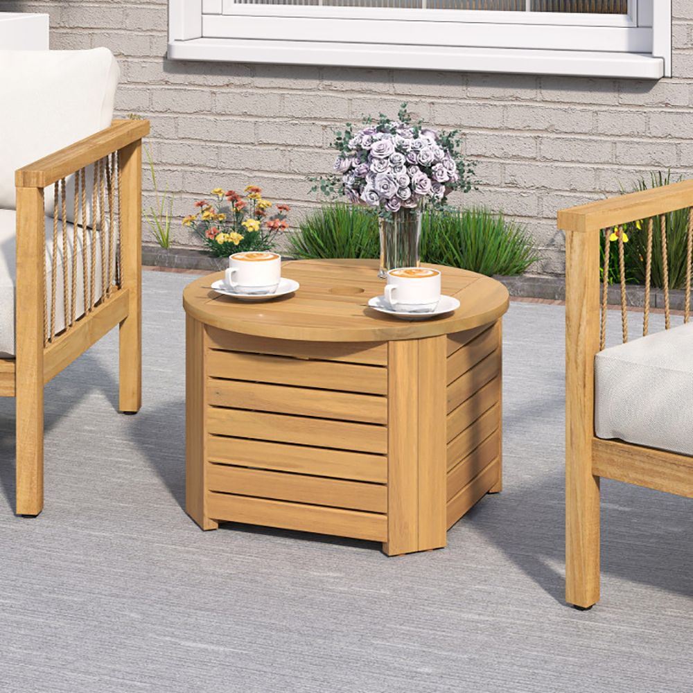 2-in-1 Outdoor Side Table with Storage Acacia Wood Slatted Coffee Table Square/Round Slatted End Storage Box (Style: Natural Desk)