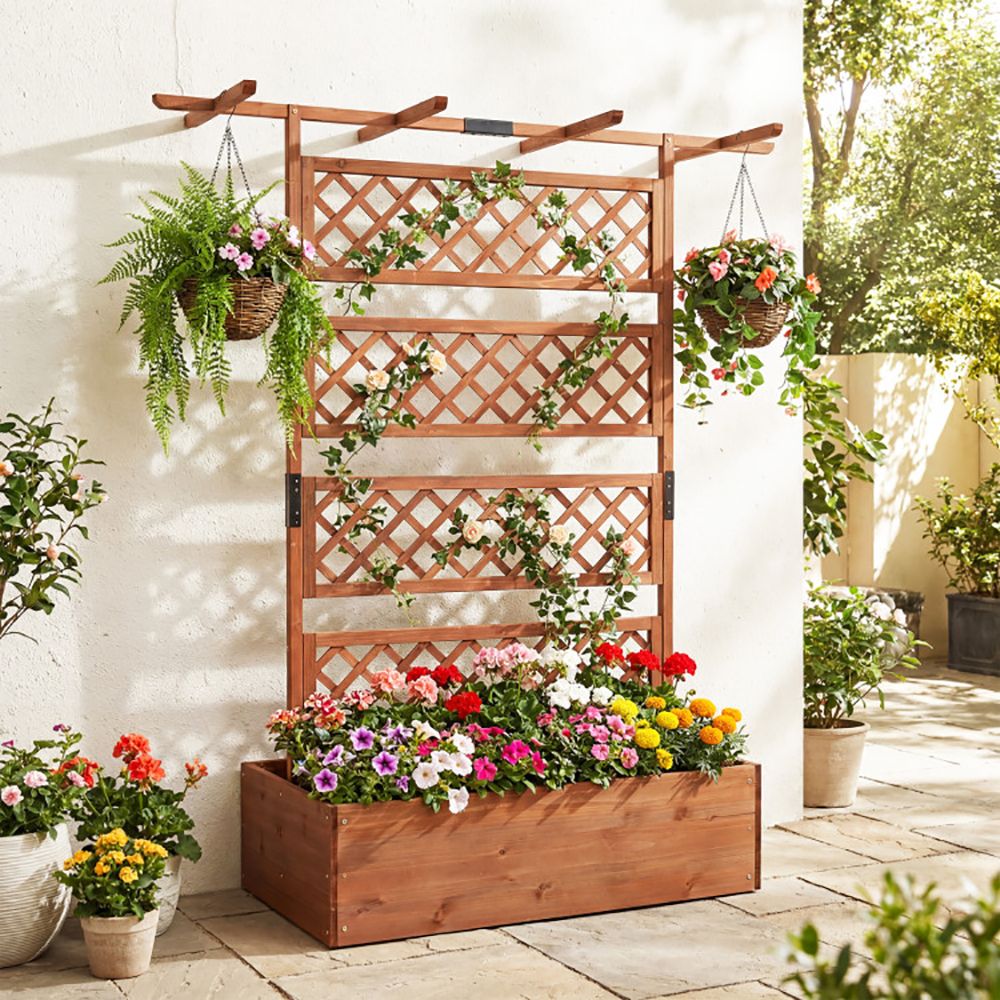 Wooden Planter Box with Lattice Trellis Raised Garden Bed Privacy Screen with Flat Roof (Color: Brown)