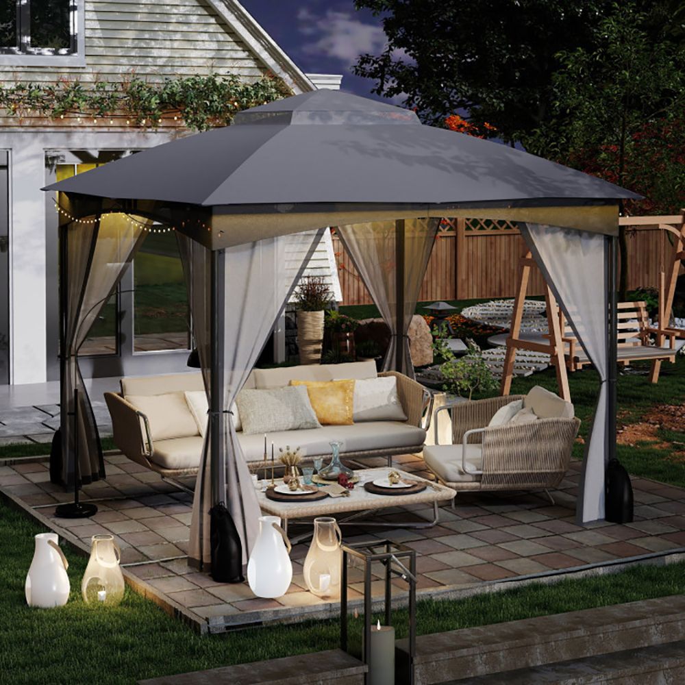 10 X 10 FT Heavy-Duty Patio Gazebo with Netting Walls and 4 Sandbags (Color: Gray)