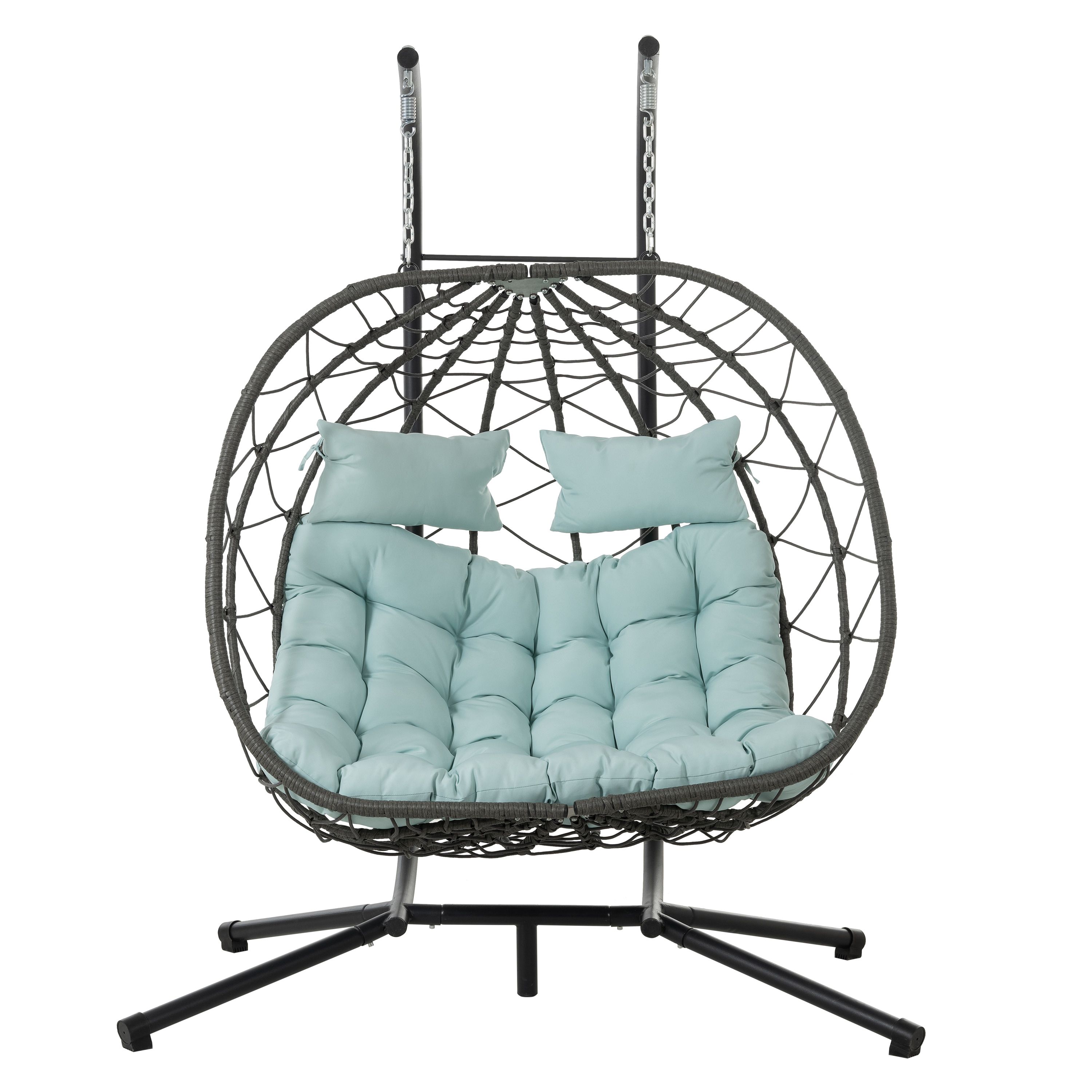 2 Persons Egg Chair with Stand Indoor Outdoor Swing Chair Patio Wicker Hanging Egg Chair Hanging Basket Chair with Stand for Bedroom Living Room Balco (Main Material: Steel, Main Color: Blue)
