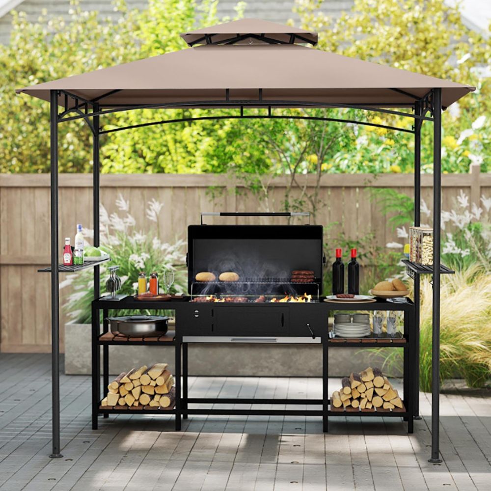 8 x 5 Feet Grill Gazebo with 2 Shelves 6 Hooks and Metal Frame (Color: Brown)