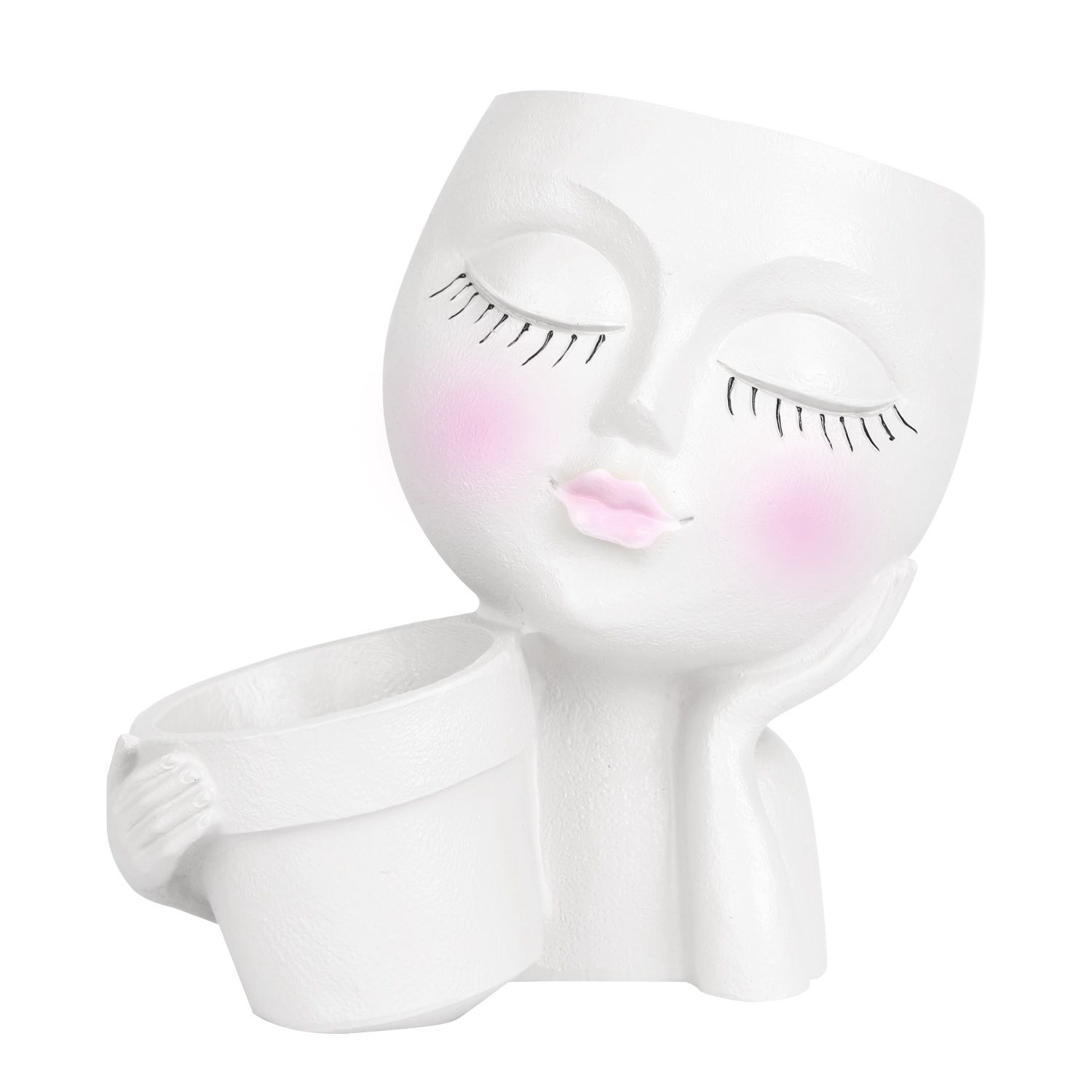Girl Face Planter Pot Dual Opening Flower Pot With Drainage Hole Lady Head Resin Plant Pot For Succulent Cactus Indoor Outdoor (Color: White)