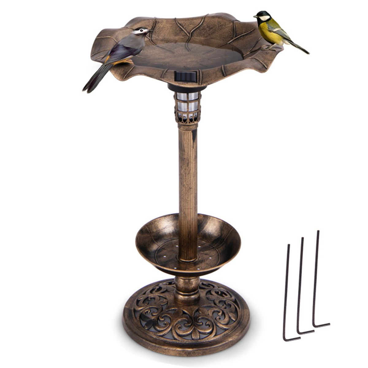 Bronze Standing Pedestal Birdbath and Feeder Combo with Solar Powered Lamp (Color: as picture2)