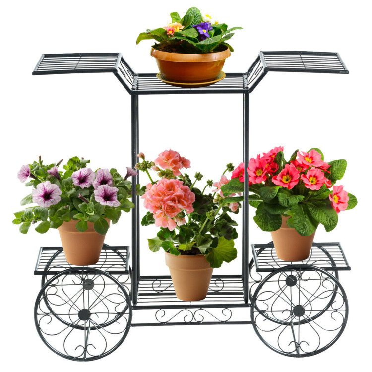 6-Tier Garden Cart Flower Rack Display Decor Pot Plant Holder (Color: Black)