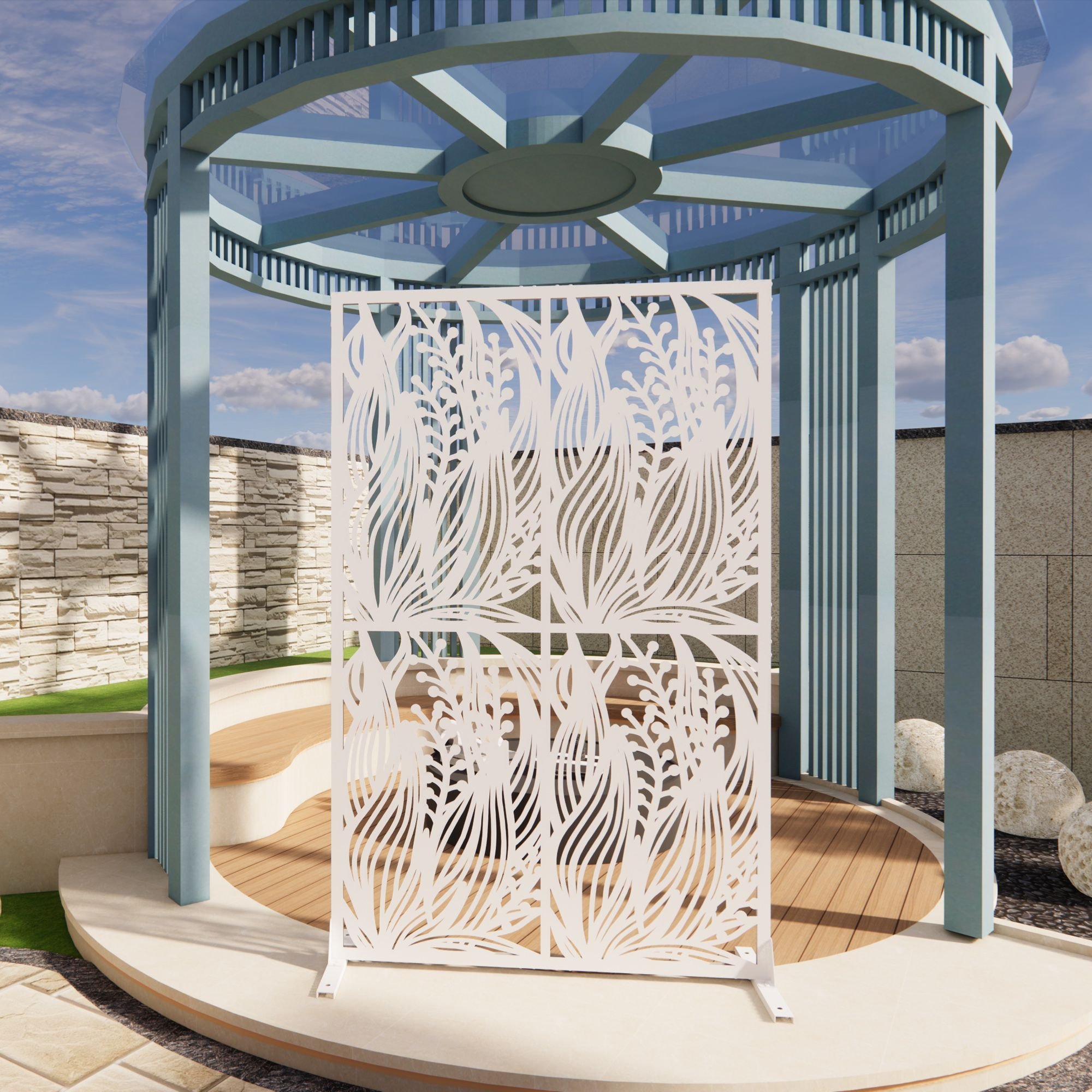 Metal Privacy Screens W3.8Ft X H6Ft Outdoor and Indoor Divider with Free Standing Decorative Privacy Screen for Balcony Patio Garden Room Divider (Color: White)