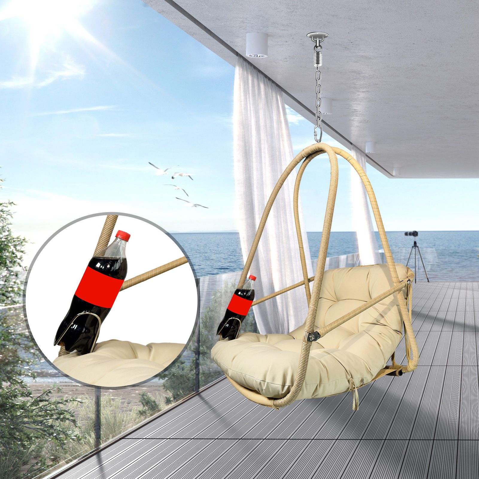 Hanging Egg Chair - Indoor/Outdoor Woven Rattan Swing Chair - 350lb Capacity (Color: Khaki)