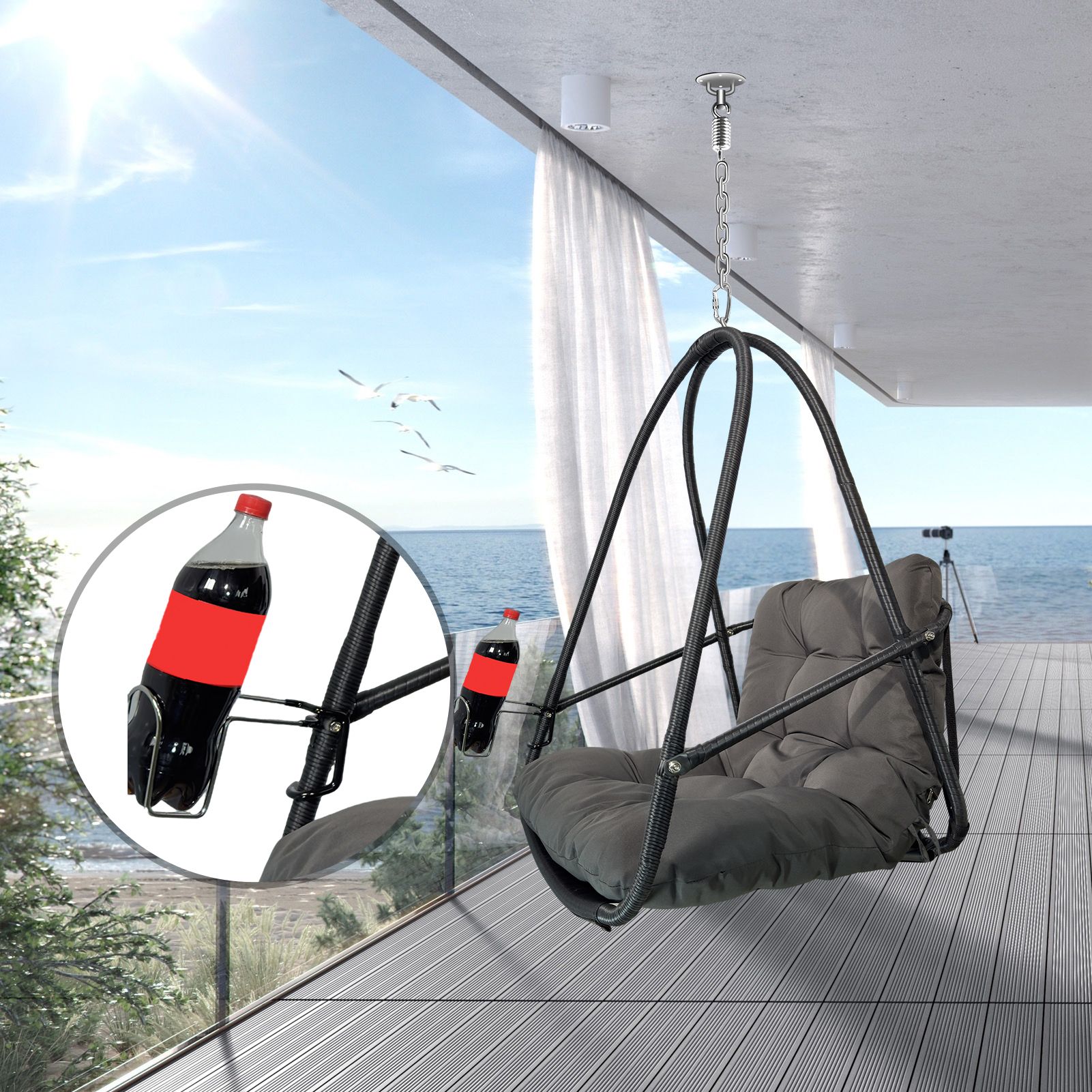 Hanging Egg Chair - Indoor/Outdoor Woven Rattan Swing Chair - 350lb Capacity (Color: Black)